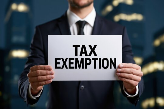 Businessman in a dark suit holding a white sign with tax exemption text