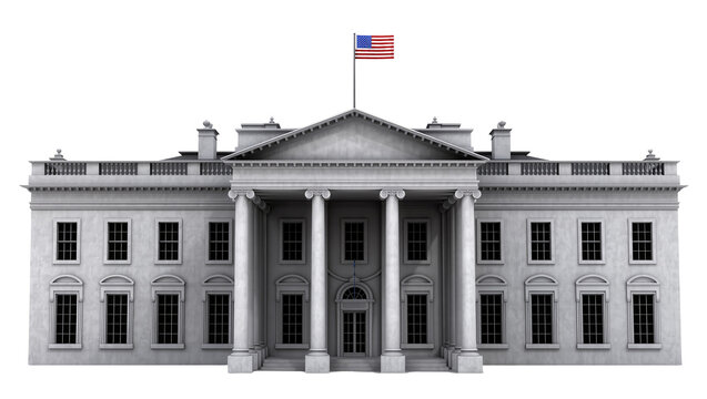 White House building with columns and American flag