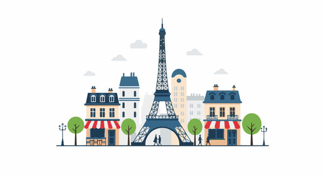Stylized Eiffel Tower cityscape with Parisian buildings and people
