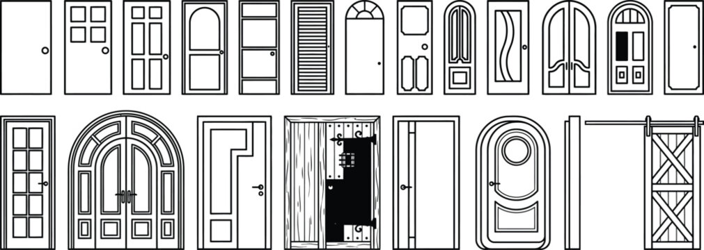 door blueprint set vector door styles single and double panel pack set