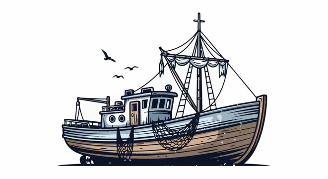 A vintage fishing trawler with nets, birds, and a mast, set against white