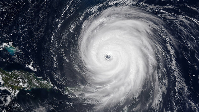 Aerial view of a powerful hurricane swirling over the ocean, showcasing nature's fury and dynamic weather patterns.