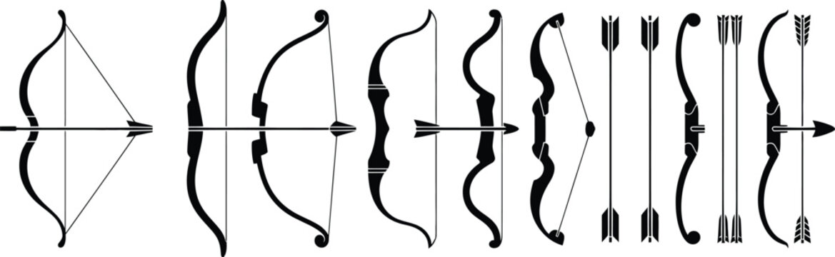 bow types longbow recurve compound arrow silhouettes set