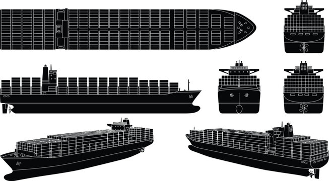 Set of cargo ship illustrations in silhouette, showing top view, side profile, front and rear views on transparent background vector.