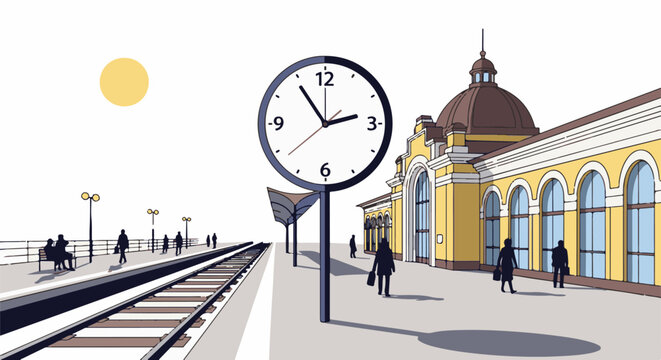 Stylized illustration of a train station platform with a large clock and people