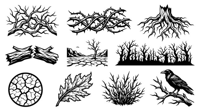 Arid Desert Wilderness Landscape and Dead Tree Vector Set