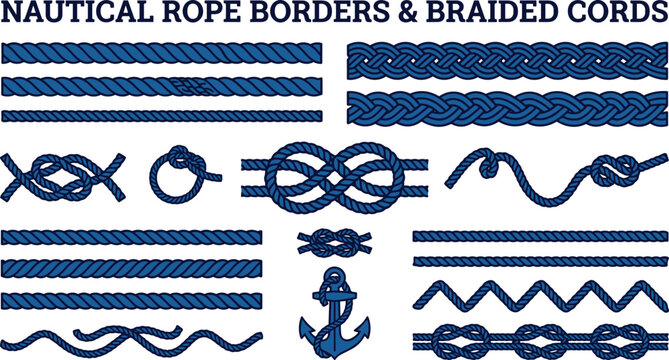 Blue nautical rope borders and braided cord assets with knots and anchor on transparent background vector illustration.