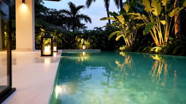 Evening poolside scene illuminated with lanterns and lush tropical foliage