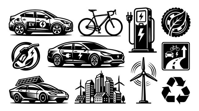 Electric Vehicle Transportation and Sustainable Smart City Icons Set