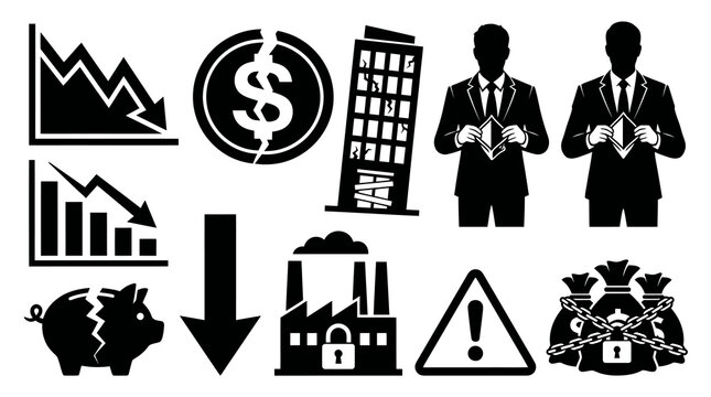 Economic Crisis Business Bankruptcy and Financial Crash Icons Set