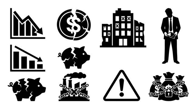 Financial Recession and Corporate Bankruptcy Silhouette Icons Set