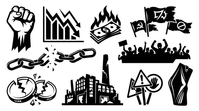 Economic Crisis Protest and Inflation Financial Crash Icons Set