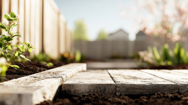 Clean stone garden path with fresh soil plant bed and sunny backyard fence in spring light

