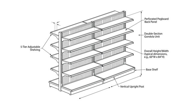 Commercial shelving unit details with labels, retail display gondola vector on transparent.