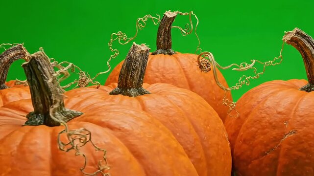 Three orange pumpkins, pumpkin patch, autumn harvest, green background