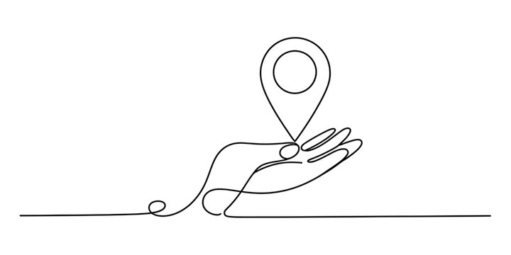 Single line drawing of a hand holding a location pin icon
