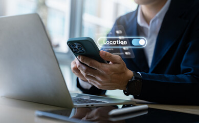 Obraz premium User enabling location permission on smartphone interface, representing privacy control, data protection, compliance regulations and consent management in modern mobile application services