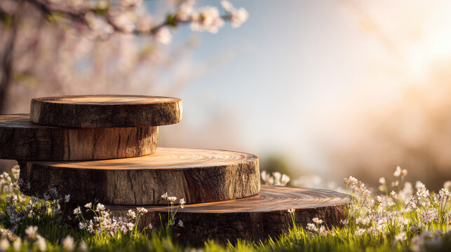 Stacked wooden tree slice platforms as tiered pedestals in a sunny spring meadow with white wildflowers and blossoming trees behind