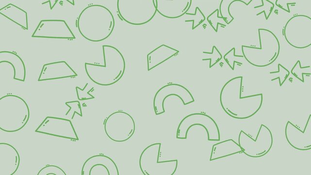 Green geometric shapes circles triangles pacman figures arrows abstract wallpaper pattern background suitable for graphic design projects and modern digital art creations.