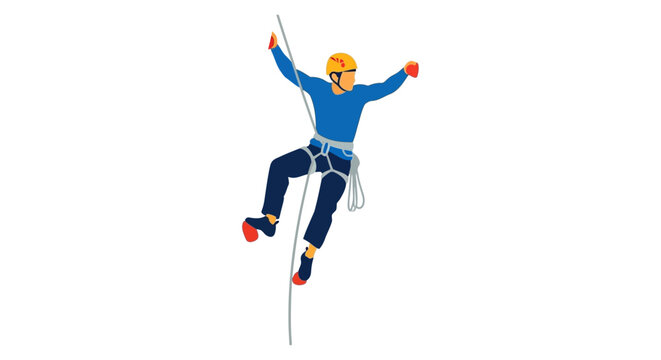Adventurous climber rappelling down a rope with outstretched arms, wearing helmet and harness.