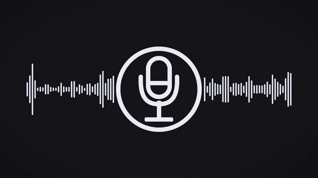 Video animation of a voice recording or broadcasting icon, microphone and sound waveform, voice message - close-up.