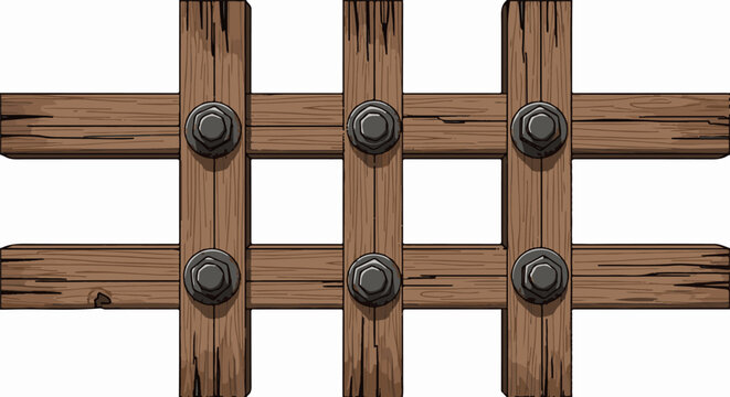 Rustic wooden gate bars with metal bolts, cross-hatched structure