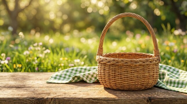 A wicker picnic basket sits on a rustic wooden table in a sunny meadow with flowers and a green gingham cloth.