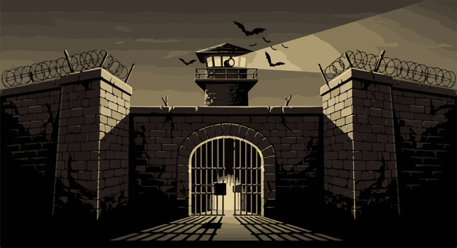 Pixelated prison entrance with watchtower, gate, and bats at dusk