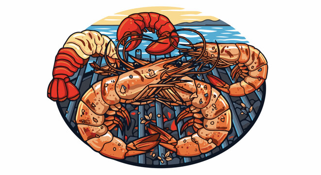 Pixelated grilled shrimp with ocean backdrop