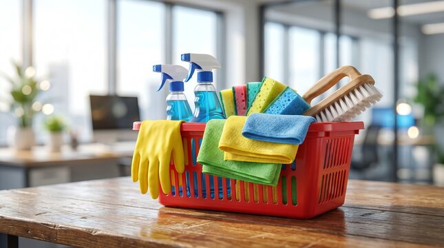 Cleaning supplies basket on office table with spray bottles and colorful cloths