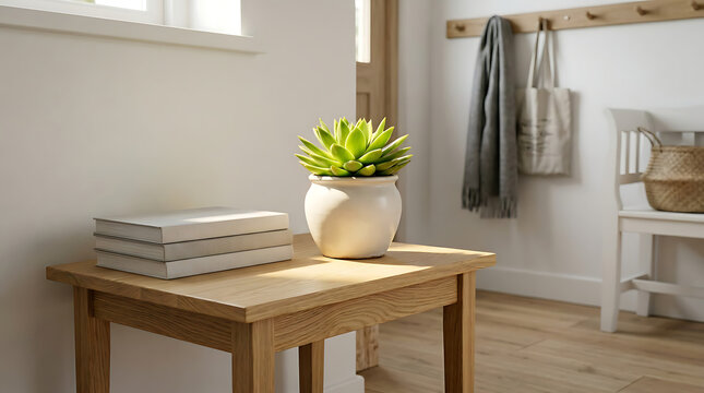 Cozy entryway with a wooden table holding books and a potted plant, leading to a hallway with coats and baskets
