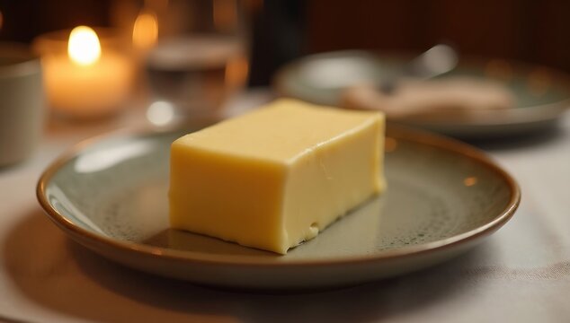 A block of cheese sits on a plate with a candle in the background.