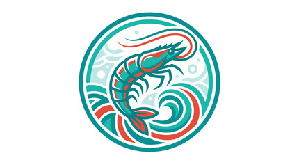 Obraz premium Stylized circular emblem featuring a jumping shrimp in a modern graphic design style.