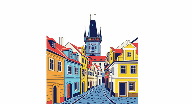 Colorful European street with cobblestones and a tall tower