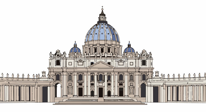 Grand domed structure with symmetrical colonnades and statues on white background