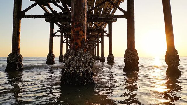 Rusty Pier Pilings Covered in Barnacles During a Sunset