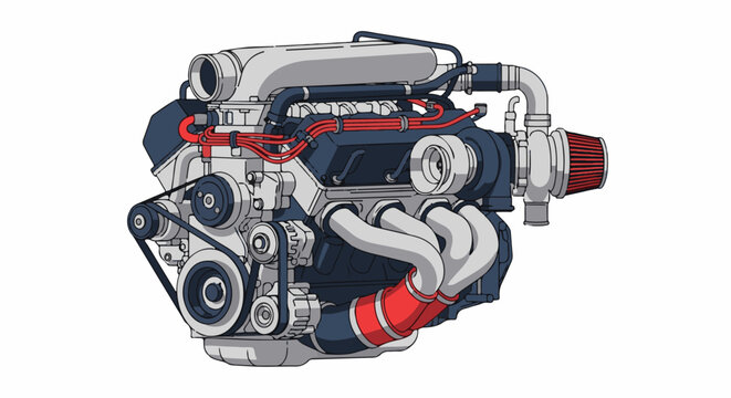 Detailed illustration of a complex internal combustion engine with turbocharger