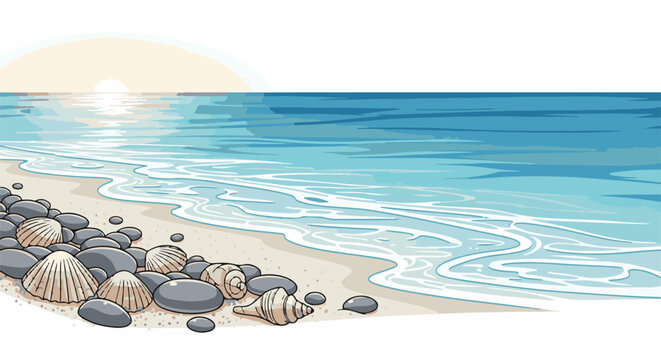 Gentle waves lap a pebble-strewn beach with seashells under a soft sunrise