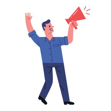 Animated cartoon businessman raising a megaphone while waving, representing promotion, advertising, communication and marketing campaigns.