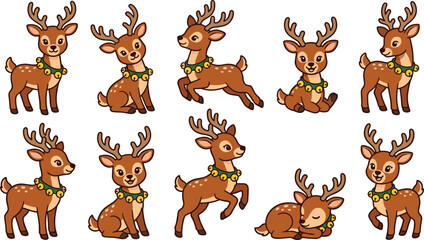 Obraz premium Cute Cartoon Christmas Reindeer Character Set Various Poses Bell Collar Jumping Sleeping Sitting Holiday Festive Vector Illustration