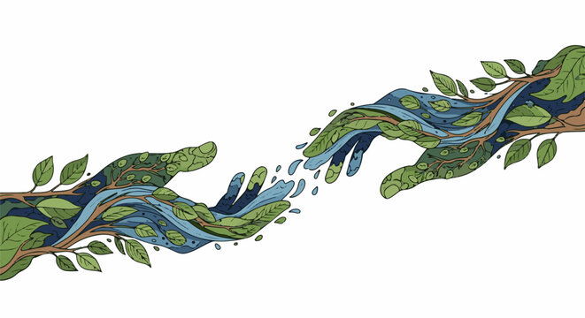 Abstract hands formed from water and leaves reaching out