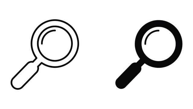 Magnifying glass search icon set in outline and solid black style for user interface and navigation