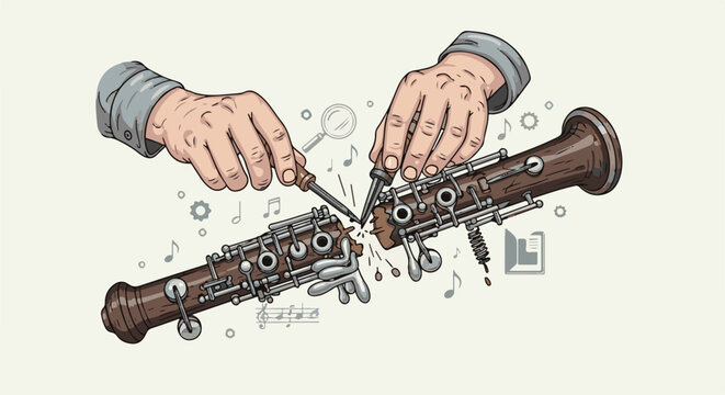 Hands repair a broken oboe with tools, surrounded by musical notes and symbols