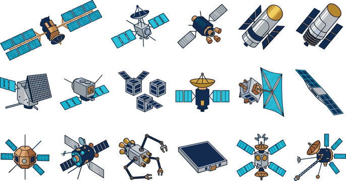 Space Satellite Collection Set Various Types Solar Panel Antenna Orbital Station Telescope Cubesat Technology Flat Vector Illustration