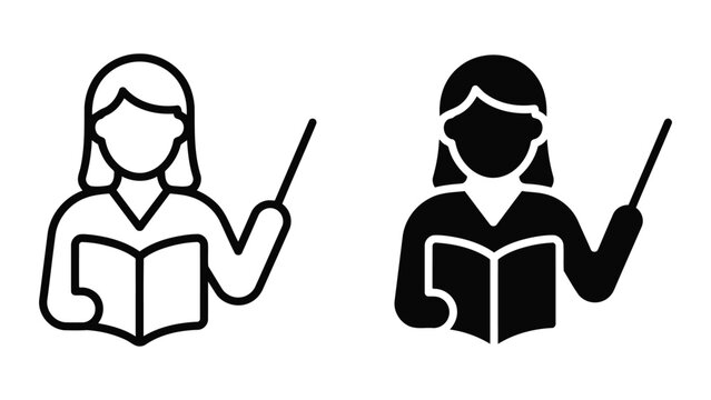 Professional female teacher icon set with pointer and book featuring outline and solid black silhouettes for educational platform and school website design isolated on white background