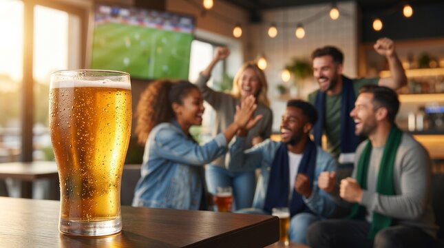 Closeup de copo de cerveja gelada durante celebra&ccedil;&atilde;o vibrante de futebol brasileiro em ambiente premium