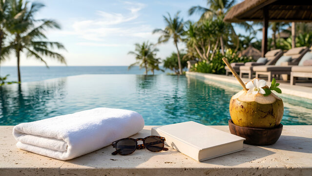Infinity pool deck features a plush white towel, sunglasses, a closed book, and a refreshing coconut drink for a relaxing afternoon at a tropical resort.