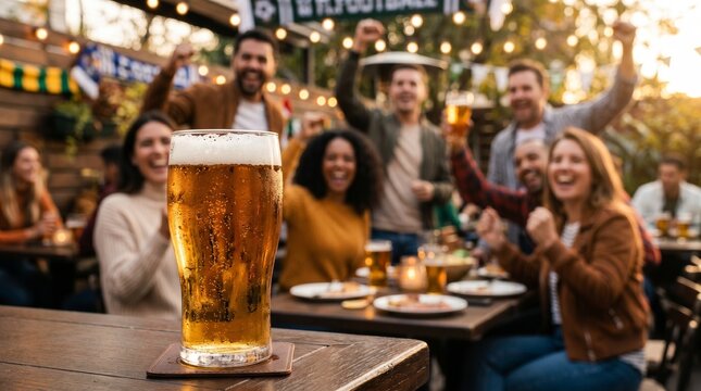 Closeup de copo de cerveja gelada durante celebra&ccedil;&atilde;o vibrante de futebol brasileiro em ambiente premium