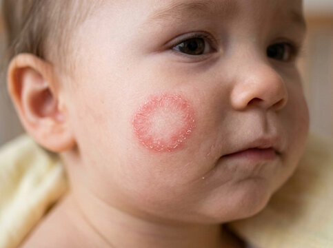 Ringworm fungal infection tinea faciei circular rash on baby cheek