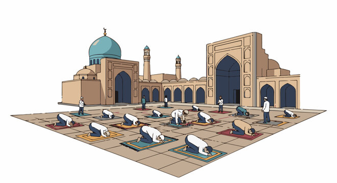 People pray on mats in front of a mosque with blue dome and minarets